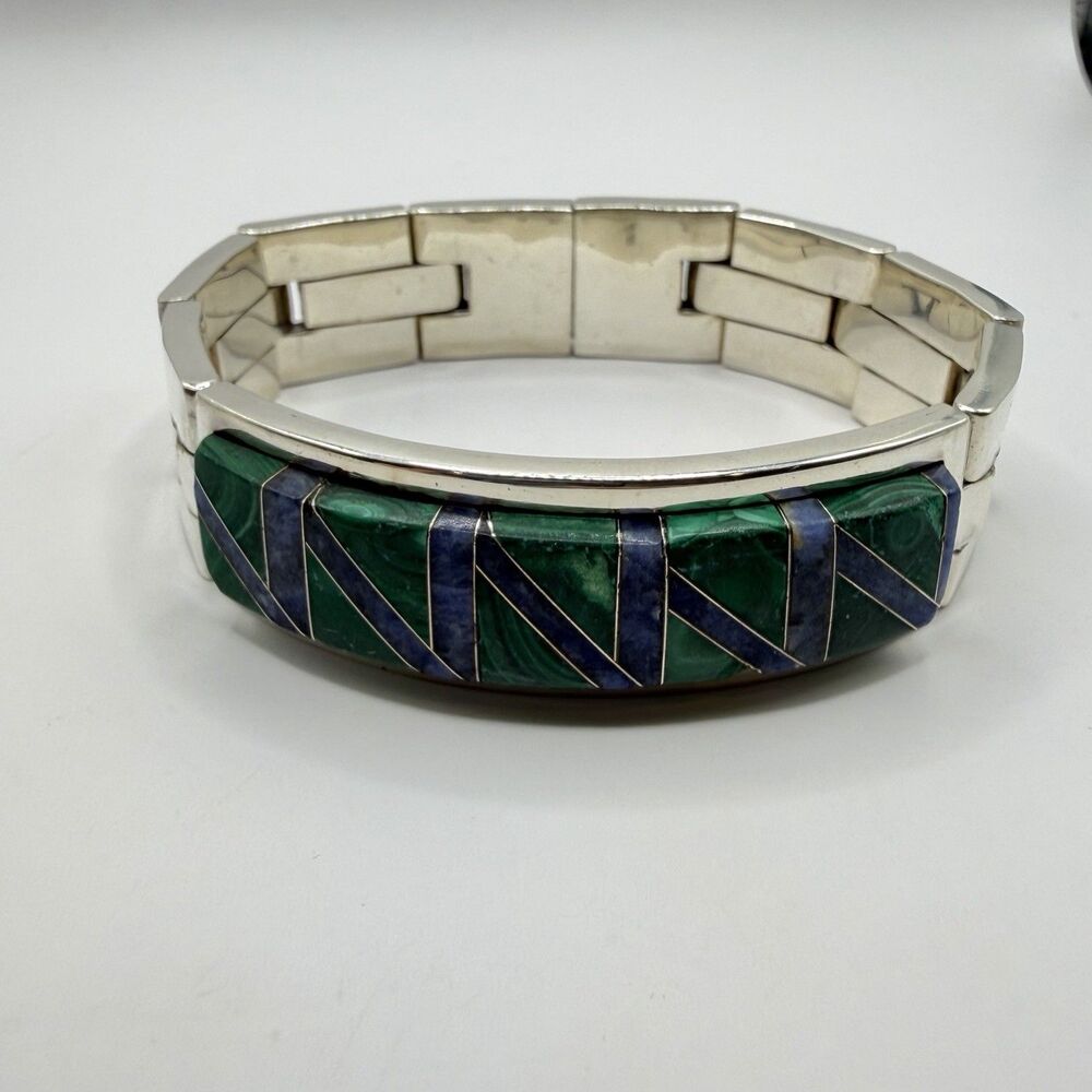 Massive Taxco Mexico 925 Sterling Silver Malachite & Lapis Bracelet 116.5g 8.5"